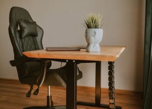 Biurko IBIS w aranżacji biurowej – widok od boku z fotelem i dekoracyjną doniczką na blacie. Luksusowy i funkcjonalny mebel premium do nowoczesnego biura lub home office