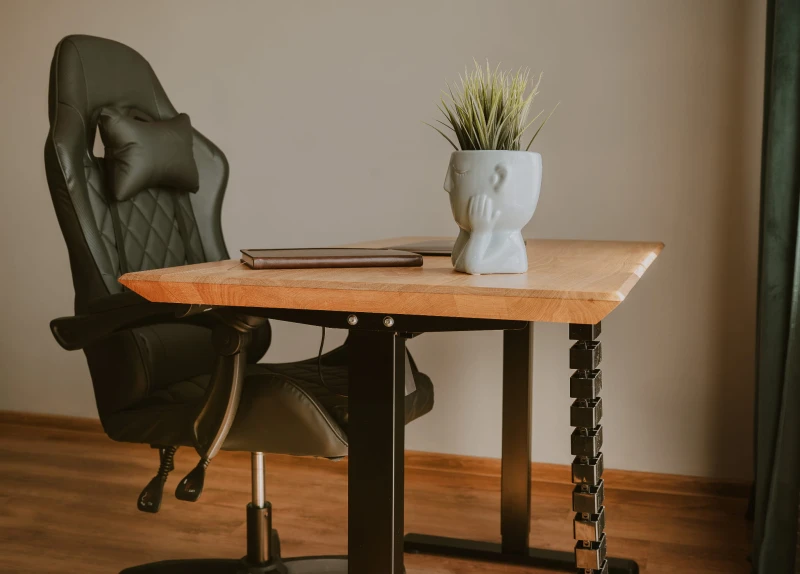 Biurko IBIS w aranżacji biurowej – widok od boku z fotelem i dekoracyjną doniczką na blacie. Luksusowy i funkcjonalny mebel premium do nowoczesnego biura lub home office