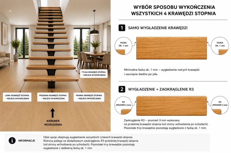 Wyszlifowane wszystkie 4 kanty wygładzone i zaokrąglona przednia kra∑edzr3 . Klatka schodowa dębowa
